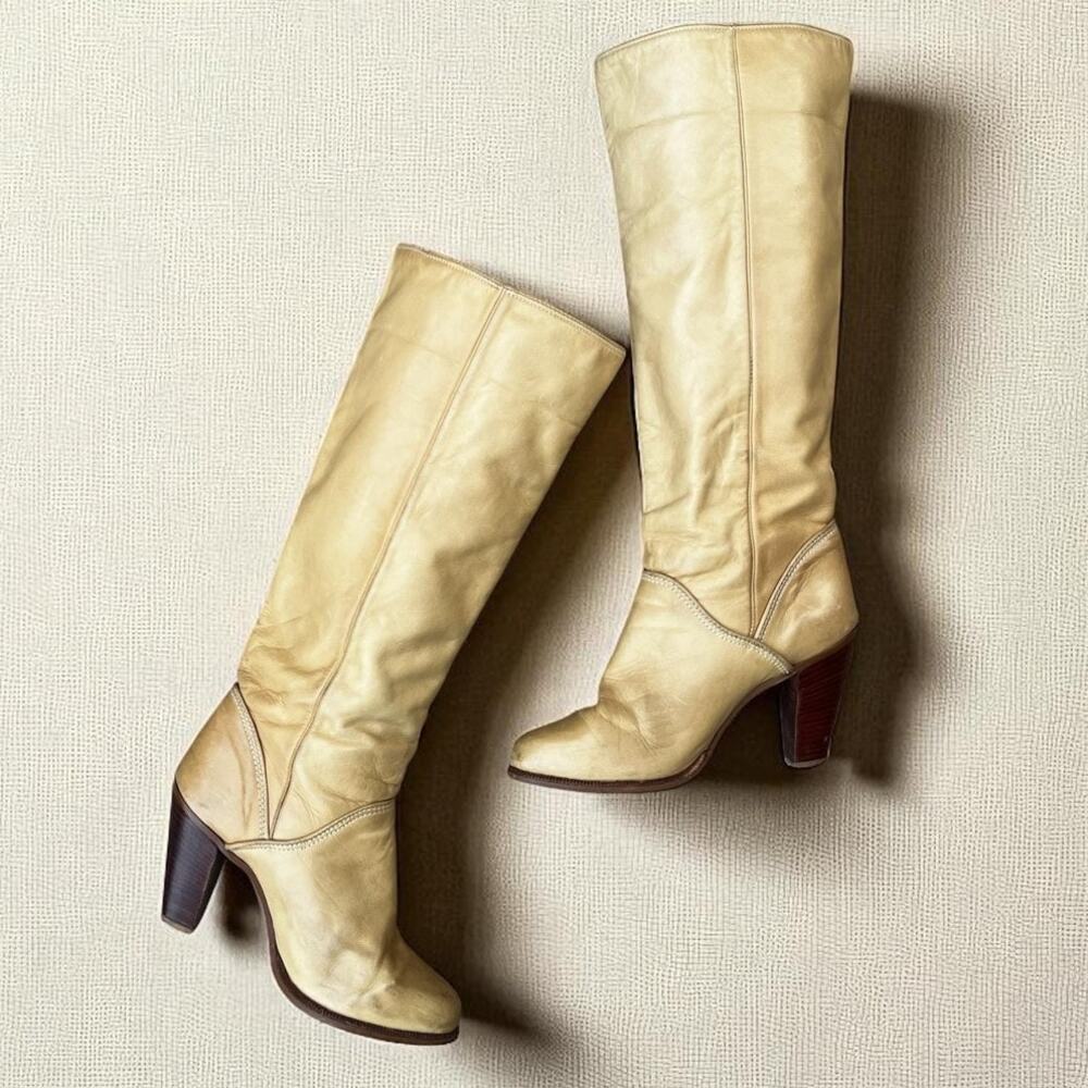 Vintage 70s Leather Knee High Boots | Zodiac Bohemian USA Stacked Heel | 6.5